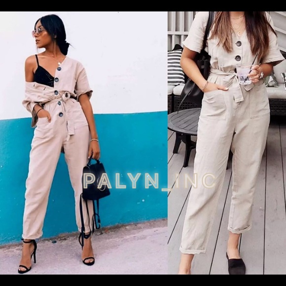 Zara Sand Buttoned Linen Jumpsuit 